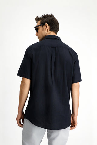  Siyah Kısa Kol Regular Fit Düğmeli Yaka Keten Görünümlü Pamuk Spor Gömlek