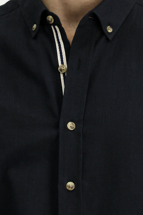 Siyah Kısa Kol Regular Fit Düğmeli Yaka Keten Görünümlü Pamuk Spor Gömlek