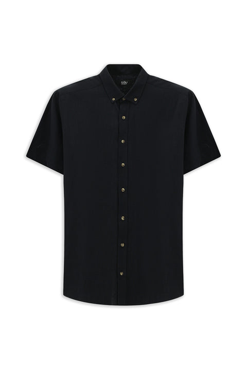 Siyah Kısa Kol Regular Fit Düğmeli Yaka Keten Görünümlü Pamuk Spor Gömlek