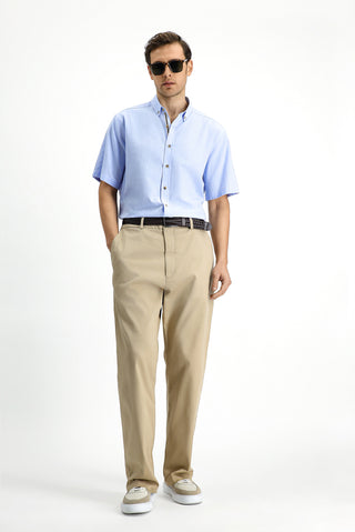  Açık Mavi Kısa Kol Regular Fit Düğmeli Yaka Keten Görünümlü Pamuk Spor Gömlek