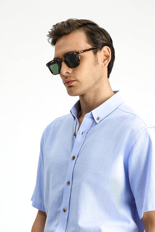  Açık Mavi Kısa Kol Regular Fit Düğmeli Yaka Keten Görünümlü Pamuk Spor Gömlek