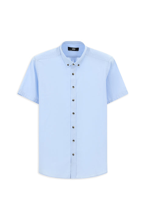 Açık Mavi Kısa Kol Regular Fit Düğmeli Yaka Keten Görünümlü Pamuk Spor Gömlek
