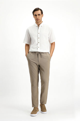  Beyaz K?sa Kol Regular Fit Dü?meli Yaka Keten Görünümlü Pamuk Spor Gömlek-Ki??l?