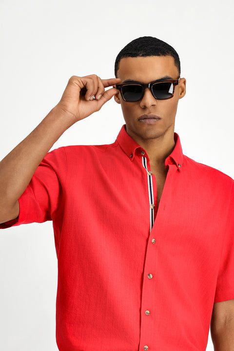 Açık Kırmızı Kısa Kol Regular Fit Düğmeli Yaka Keten Görünümlü Pamuk Spor Gömlek