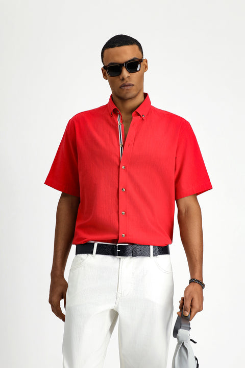 Açık Kırmızı Kısa Kol Regular Fit Düğmeli Yaka Keten Görünümlü Pamuk Spor Gömlek
