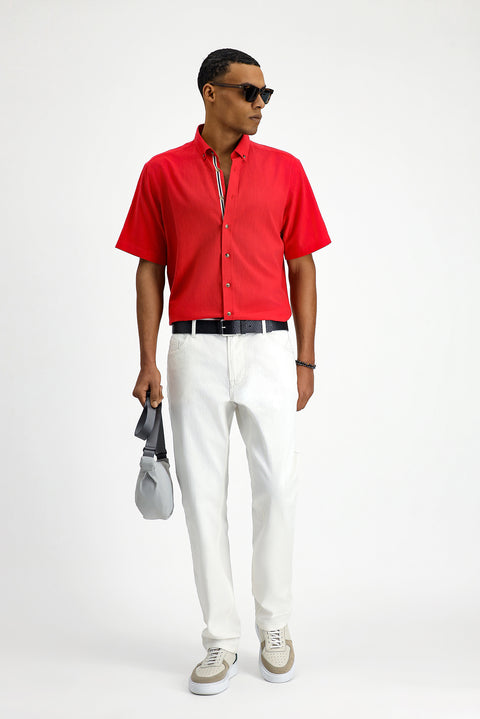 Açık Kırmızı Kısa Kol Regular Fit Düğmeli Yaka Keten Görünümlü Pamuk Spor Gömlek