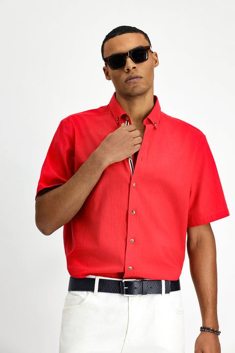 Açık Kırmızı Kısa Kol Regular Fit Düğmeli Yaka Keten Görünümlü Pamuk Spor Gömlek