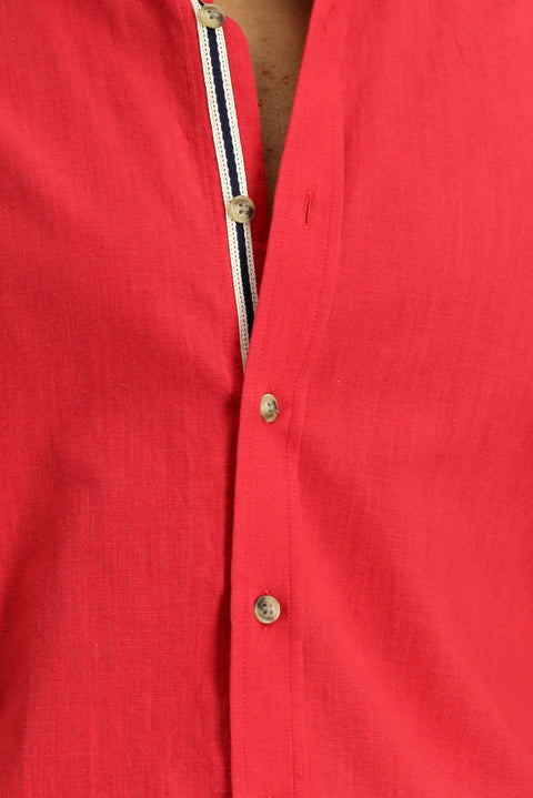 Açık Kırmızı Kısa Kol Regular Fit Düğmeli Yaka Keten Görünümlü Pamuk Spor Gömlek