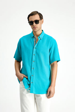  Koyu Turkuaz Kısa Kol Regular Fit Düğmeli Yaka Keten Görünümlü Pamuk Spor Gömlek