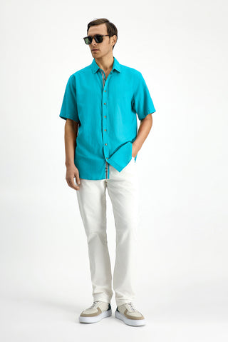  Koyu Turkuaz Kısa Kol Regular Fit Düğmeli Yaka Keten Görünümlü Pamuk Spor Gömlek