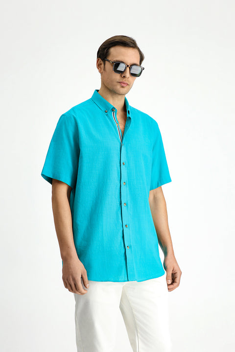 Koyu Turkuaz Kısa Kol Regular Fit Düğmeli Yaka Keten Görünümlü Pamuk Spor Gömlek