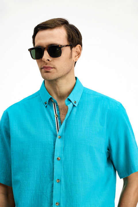 Koyu Turkuaz Kısa Kol Regular Fit Düğmeli Yaka Keten Görünümlü Pamuk Spor Gömlek
