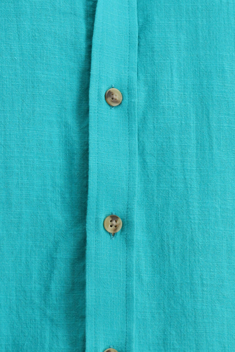 Koyu Turkuaz Kısa Kol Regular Fit Düğmeli Yaka Keten Görünümlü Pamuk Spor Gömlek