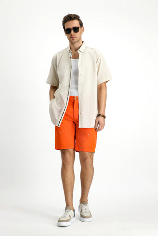  Aç?k Vizon K?sa Kol Regular Fit Dü?meli Yaka Keten Görünümlü Pamuk Spor Gömlek-Ki??l?