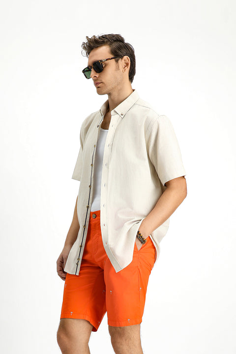 Açık Vizon Kısa Kol Regular Fit Düğmeli Yaka Keten Görünümlü Pamuk Spor Gömlek