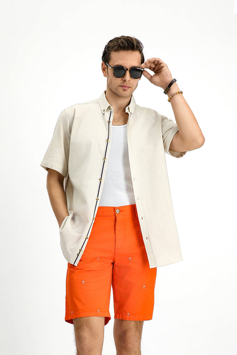 Açık Vizon Kısa Kol Regular Fit Düğmeli Yaka Keten Görünümlü Pamuk Spor Gömlek