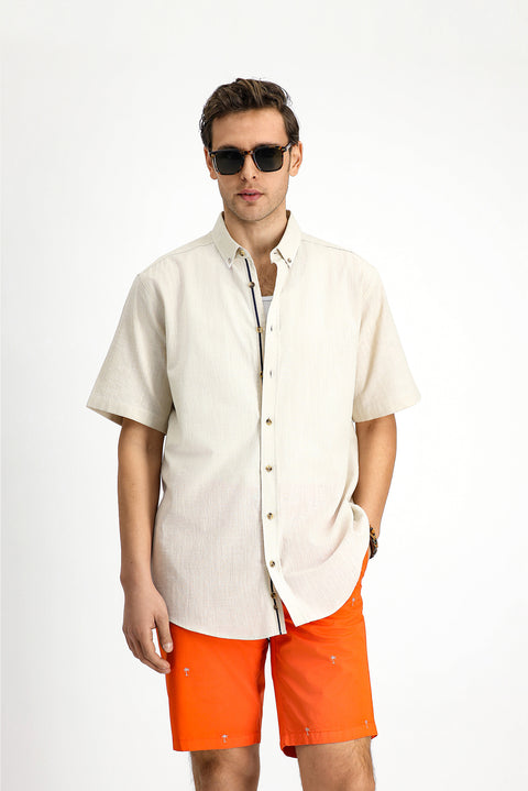 Light Mink Short Sleeve Regular Fit Button-Down Collar Linen-Look Cotton Sport Shirt