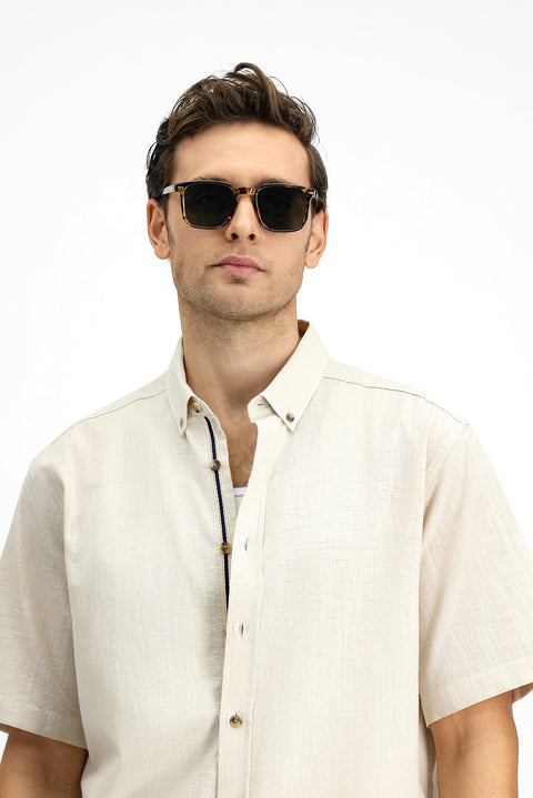 Açık Vizon Kısa Kol Regular Fit Düğmeli Yaka Keten Görünümlü Pamuk Spor Gömlek