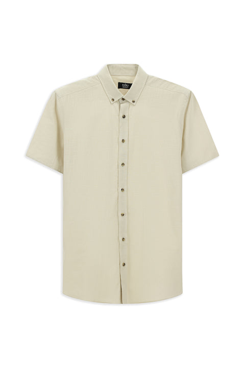 Açık Vizon Kısa Kol Regular Fit Düğmeli Yaka Keten Görünümlü Pamuk Spor Gömlek