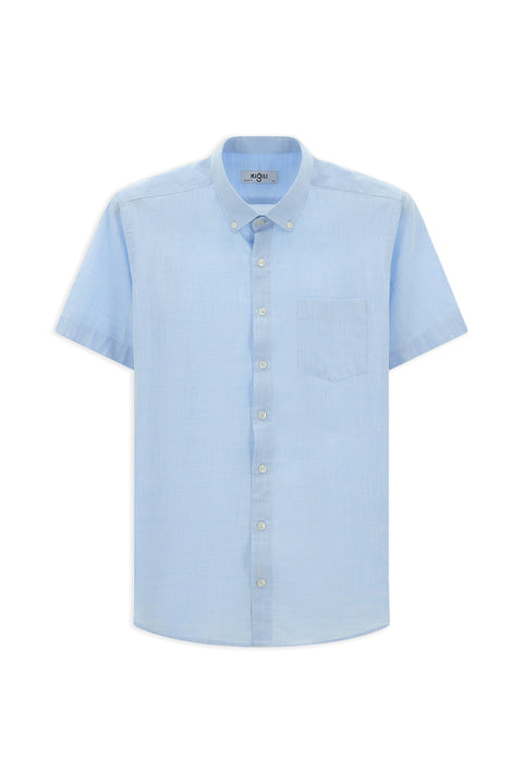 Açık Mavi Kısa Kol Regular Fit Düğmeli Yaka Pamuk Gömlek