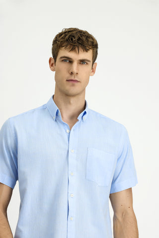  Açık Mavi Kısa Kol Regular Fit Düğmeli Yaka Pamuk Gömlek