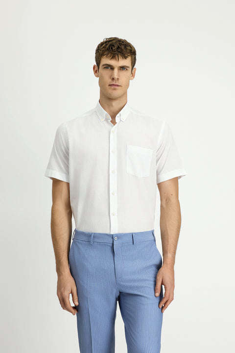 Beyaz Kısa Kol Regular Fit Düğmeli Yaka Pamuk Gömlek