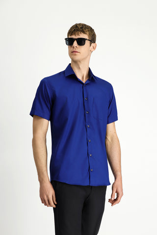  Orta Lacivert Kısa Kol Regular Fit Pamuklu Non Iron Gömlek