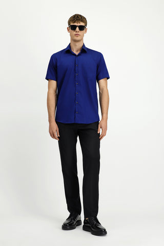  Orta Lacivert Kısa Kol Regular Fit Pamuklu Non Iron Gömlek