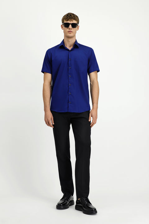 Orta Lacivert Kısa Kol Regular Fit Pamuklu Non Iron Gömlek