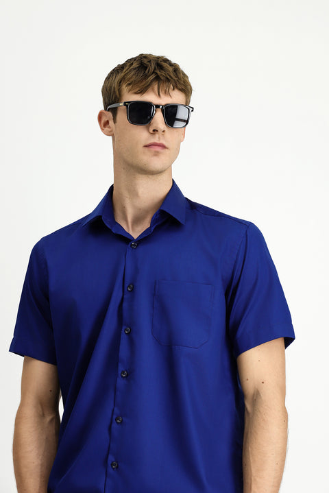 Orta Lacivert Kısa Kol Regular Fit Pamuklu Non Iron Gömlek