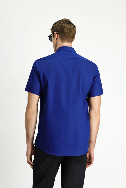 Orta Lacivert Kısa Kol Regular Fit Pamuklu Non Iron Gömlek