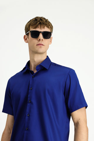  Orta Lacivert Kısa Kol Regular Fit Non Iron Pamuklu Gömlek