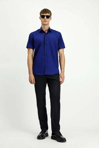  Orta Lacivert Kısa Kol Regular Fit Non Iron Pamuklu Gömlek