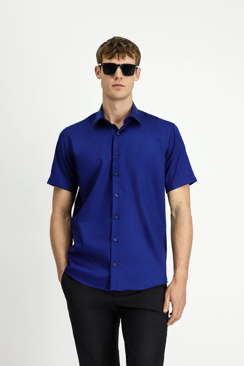 Orta Lacivert Kısa Kol Regular Fit Non Iron Pamuklu Gömlek