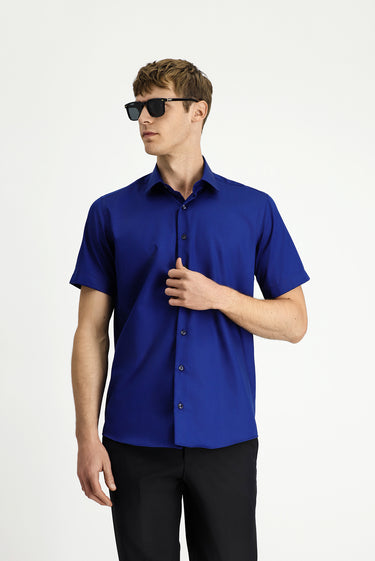  Orta Lacivert Kısa Kol Regular Fit Non Iron Pamuklu Gömlek