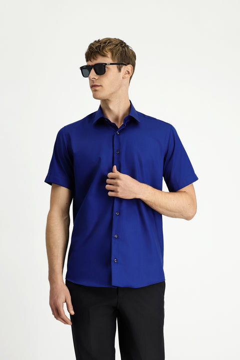 Orta Lacivert Kısa Kol Regular Fit Non Iron Pamuklu Gömlek
