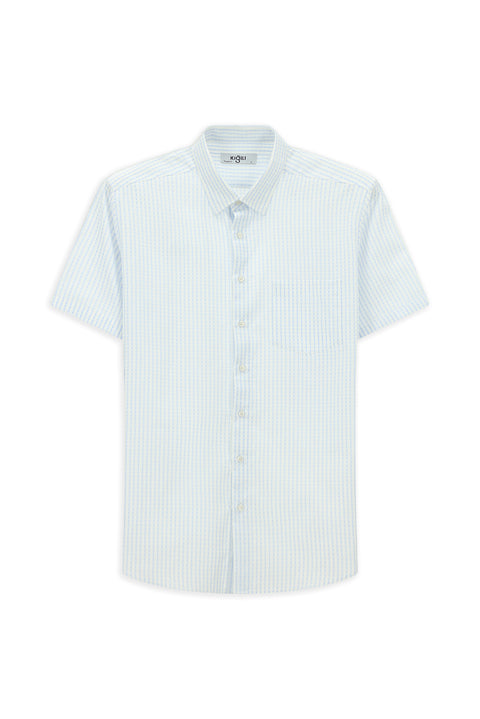 Açık Mavi Kısa Kol Regular Fit Pamuk Çizgili Gömlek