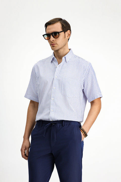 Mavi Kısa Kol Regular Fit Pamuk Çizgili Gömlek