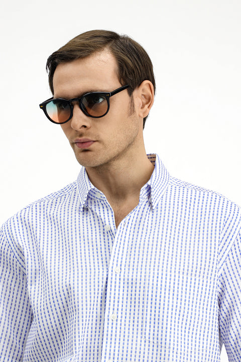 Mavi Kısa Kol Regular Fit Pamuk Çizgili Gömlek