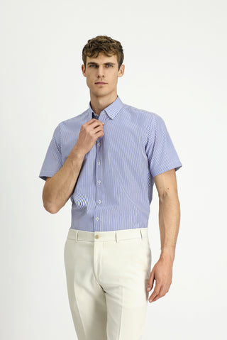  Mavi Kısa Kol Regular Fit Çizgili Pamuklu Kolay Ütülenebilir Gömlek