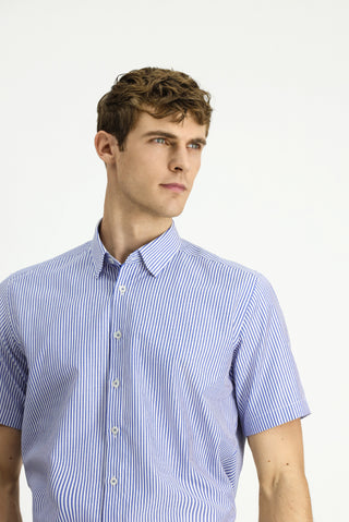  Mavi Kısa Kol Regular Fit Çizgili Pamuklu Kolay Ütülenebilir Gömlek