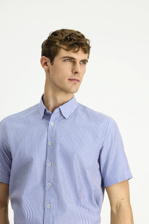 Mavi Kısa Kol Regular Fit Çizgili Pamuklu Kolay Ütülenebilir Gömlek