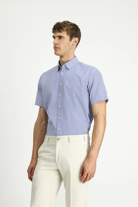 Mavi Kısa Kol Regular Fit Çizgili Pamuklu Kolay Ütülenebilir Gömlek