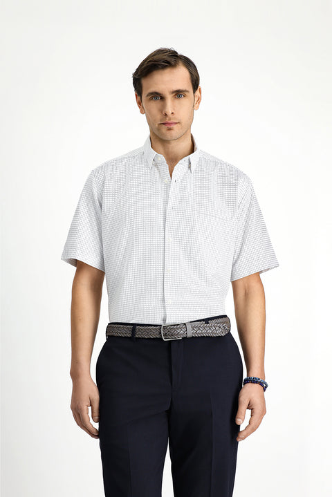 Beyaz Kısa Kol Regular Fit Ekose Pamuklu Kolay Ütülenebilir Gömlek