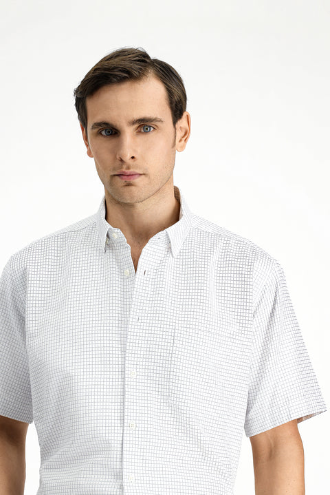 Beyaz Kısa Kol Regular Fit Ekose Pamuklu Kolay Ütülenebilir Gömlek