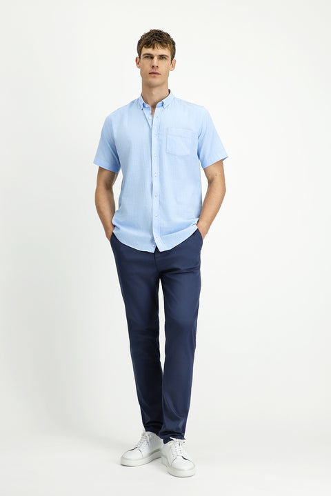 Açık Mavi Kısa Kol Relaxed Fit Düğmeli Yaka Keten Görünümlü Pamuk Spor Gömlek