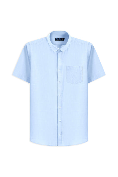 Açık Mavi Kısa Kol Relaxed Fit Düğmeli Yaka Keten Görünümlü Pamuk Spor Gömlek