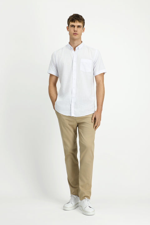 Beyaz Kısa Kol Relaxed Fit Düğmeli Yaka Keten Görünümlü Pamuk Spor Gömlek