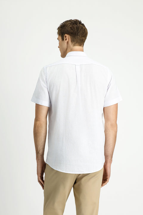 Beyaz Kısa Kol Relaxed Fit Düğmeli Yaka Keten Görünümlü Pamuk Spor Gömlek