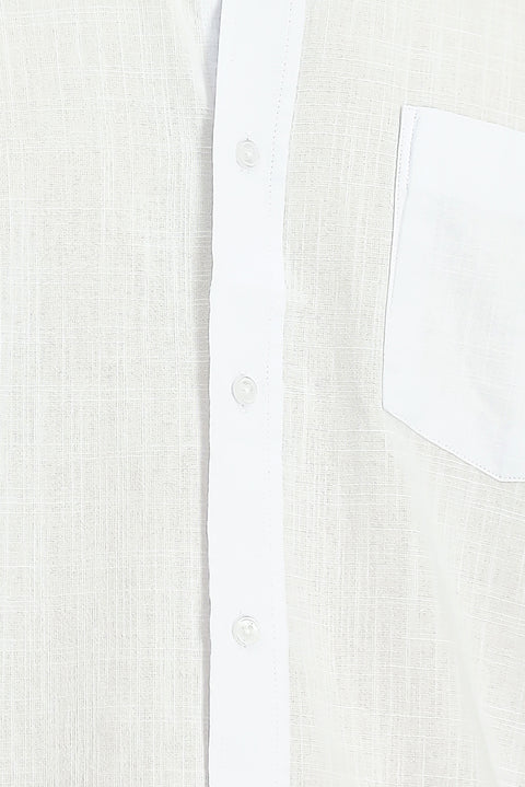Beyaz Kısa Kol Relaxed Fit Düğmeli Yaka Keten Görünümlü Pamuk Spor Gömlek